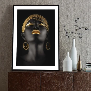 Auksiniai Auskarai Juoda Mergina Drobė Paveikslų Ant Sienos Meno Spaudiniai, Afrikos Moterų Drobė Art Prints Sienos Nuotrauka Už Kambarį