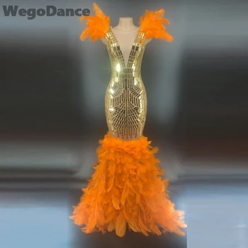 Aukso Cirkonio Orange Plunksnų Suknelę Moteris Gimtadienio Ilgos Suknelės Vakare Šalies Moterų Baras Dainininkas Seksualus Kostiumas Modelio Rodyti
