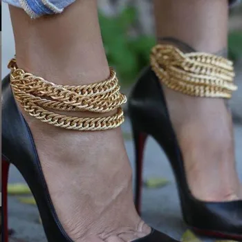 Aukso Multi-layer Grandinės Kulkšnies Apyrankės Moterims, Hip-Hop Bohemijos Pradinio Anklet Apyrankę, Kojų Pėdų Papuošalai Basomis Sandalas