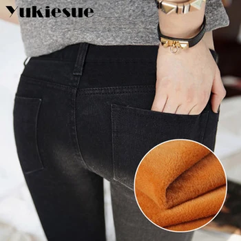 Aukštos juosmens džinsai moterims, kelnės 2018 m. žiemos šiltu vilnos liesas džinsinio džinsus femme moterų Moterų pieštuko pants Plus size