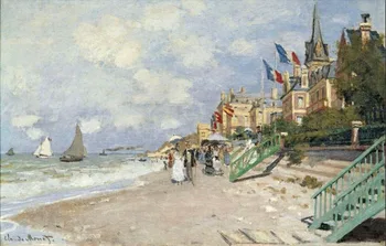 Aukštos kokybės Aliejaus tapybos Drobės Kopijos Boardwalk į Paplūdimį metu Trouville (1870) Pateikė Claude Monet rankomis dažyti