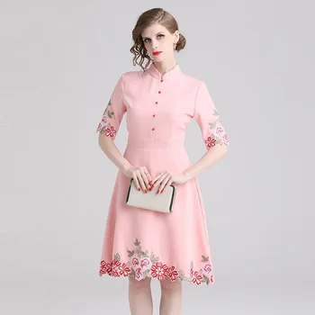 Aukštos Kokybės Gėlių Siuvinėjimas Suknelė Moterims Stovėti Pusė Rankovės Elegantiškas A-Line Dresses Moterų Vasaros Atsitiktinis 