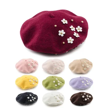 Aukštos kokybės korėjos pearl gėlių vilna beretė Miss Vilnos dailininko skrybėlę Atsitiktinis vientisos Spalvos Dangtis Kepurės Mergaitėms Moterų Boina