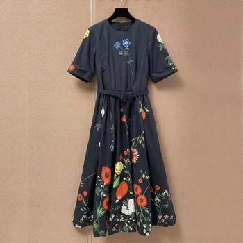 Aukštos kokybės medvilnės suknelė moterims 2021 m. pavasario vasaros trumpomis rankovėmis gėlių spausdinti juodas elegantiškas šalis atostogų suknelė