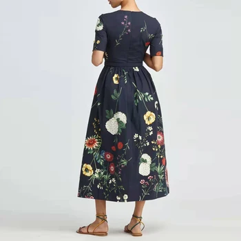 Aukštos kokybės medvilnės suknelė moterims 2021 m. pavasario vasaros trumpomis rankovėmis gėlių spausdinti juodas elegantiškas šalis atostogų suknelė