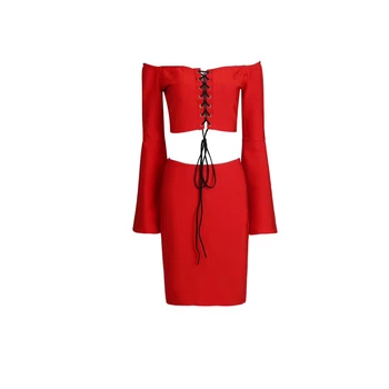 Aukštos Kokybės Moterų, 2 Dviejų Dalių Komplektas Trumpas Tvarstis Suknelė 2019 Naujo Stiliaus Mados Red Flare Ilgomis Rankovėmis Vakare Šalis Suknelė Vestidos