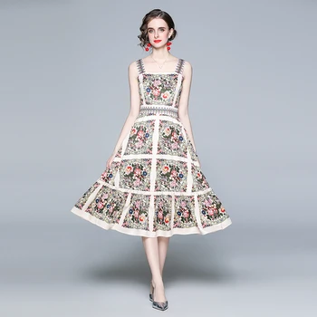 AUKŠTOS KOKYBĖS Naujas 2021 Dizaineris Vasaros kilimo ir tūpimo Tako Moterų Spageti Dirželis Aikštėje Apykaklės Backless Gėlių Spausdinti Atostogų Midi Suknelė