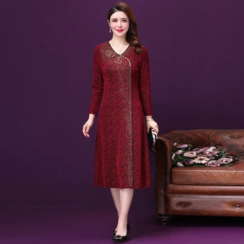 Aukštos Kokybės Rudenį Naujas Mados Stilius V-kaklo Plius Dydis Dizaino Raudonos Moterų Elegantiškas Temperamentas Tobulinimo Pokylių Lady Suknelė