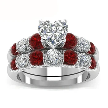 Aukščiausios Kokybės Red CZ Cirkonis Žiedas Rinkinys Moterims 925 Sterlingas Sidabro Papuošalai Širdies Kristalų Dalyvavimas Pažadas Žiedai Nustato Naujus
