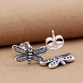 Autentiškas S925 Auskarai Smulkus Dragonfly Su Krištolo Auskarai Smeigės Moterų Vestuves tinka Lady Fine Jewelry