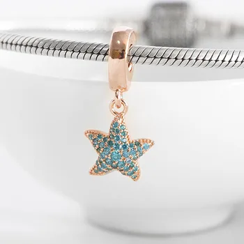 Autentiškas S925 Tabaluoti Žavesio Rose & Green CZ Starfish Pendant Granulių tinka Lady Bangle Apyrankės Mergina Gimtadienio Dovana 