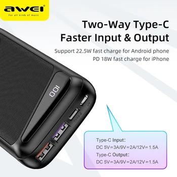 AWEI P104K Galia Banko 20000mAh Dual USB Tipo C LED Ekranas, Greitas Greito Įkrovimo 22.5 W Išorės Baterijos Kroviklis, Skirtas išmanusis Telefonas