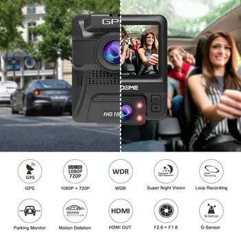 AZDOME Mini GS65H Automobilių 1080P DVR Dual Objektyvas, 720P, Galinio vaizdo Kamera, Naktinio Matymo Vaizdo įrašymo 24H Stovėjimo Režimas GPS Brūkšnys Fotoaparatas