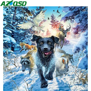 AZQSD 5D Diamond Tapybos Šuo Mozaikos kvadratiniu Gręžimo Namų Dekoro Diamond Mozaikos Žiemos Gyvūnų Kryželiu Rinkiniai Rankų darbo Amatų