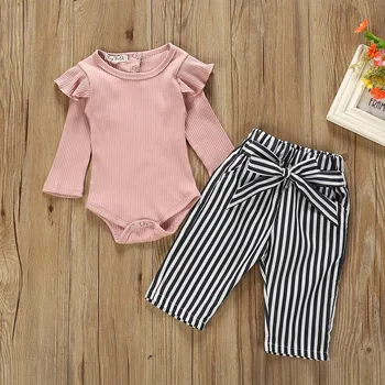 Baby girl naujagimių drabužiai, rožinė nustatyti kūdikio, Mergaitės, Apranga, Rūbų Romper Bodysuit+Stripe Ilgas Kelnes Nustatyti bambino abbigliamento t5