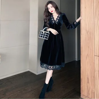 Balck Vintage Suknelė Moterims Ilgomis Rankovėmis Midi Elegantiškas Šalis Suknelė Aksominė Moterų Aukšto Juosmens Korėjos Drabužių Rudens 2020 Goth Suknelė