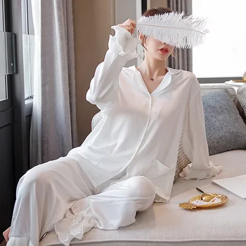 Balta Pižamos Moterims, Satino Susiėmę Rankogaliai Pižama Rinkiniai, Vasarą, Rudenį Ilgomis Rankovėmis 2 Vnt Kostiumas Atsitiktinis Šilko Namų Drabužių Sleepwear
