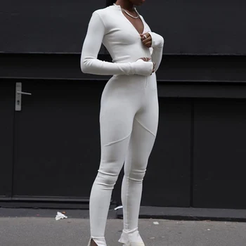 Balta Rompers Moterų Užtrauktukas Jumpsuit Ilgomis Rankovėmis Chalatas Seksualus Naktį Šalies Kietas Playsuit Slim Fitneso Rompers Streetwear