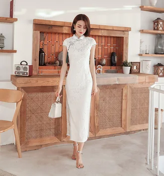 Balta Senovinių Kinų Tradicinė Moterų Nėriniai Qipao Plius Dydis 3XL Mandarinų Apykaklės Cheongsam Naujovė Kinijos Oficialų Suknelė