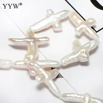 Baltos spalvos Dirbtiniu būdu išauginti Baroko Gėlavandenių Perlų Karoliukus, Specialūs Kryžiaus Formos 25-40mm 