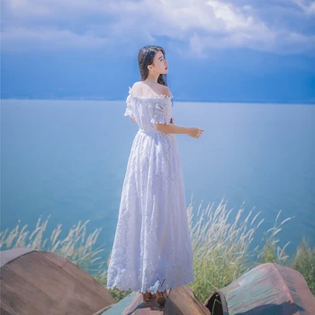 Baltos spalvos Nėrinių Suknelė Velniop Kaklo Tuščiaviduriai Gėlių Princesė Nightdress Retro Elegantiškas Moteris Ilgai Nightgowns Vasaros trumpomis Rankovėmis QZ956