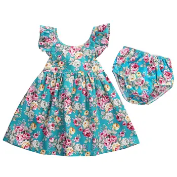 Bamblys Kūdikiams, Vaikams Baby Girl Dress Blue Gėlių Pynimas Sundress Mergaičių Vasaros Suknelės Apatinės Kelnės, Komplektai, Vaikams Laisvalaikio Drabužiai