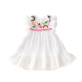 Bamblys Mergina Suknelės 1-5Y Vasaros Atsitiktinis Kūdikis Mergaičių Siuvinėjimo Gėlių Blyksnius Rankovėmis Suknelė Vaikams, Vaikiška Inscenizacija Sundress