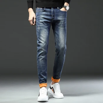 BAO SHAN vyrų madingų slim džinsai klasikiniai odiniai prekės ženklo drabužių žiemos vilnos storas patogus šiltas džinsinio džinsus Mėlyna