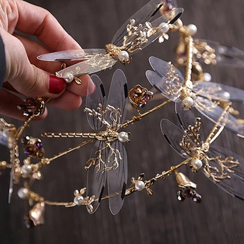 Baroko crown Trijų sluoksnių Dragonfly nuotakos diadema plaukų aksesuarai naujų vestuvių karūna grožio karūnos ir rožančiai nuotakos lankelis