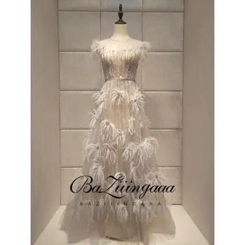 BAZIIINGAAA Prabangus Elegantiškas vakarinę Suknelę Plunksnų Rankovių Vieno peties Dizaino Suknelė ilgomis Rankovėmis Oficialią Suknelės Vakare Gown