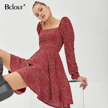 Bclout Backless Sluoksniuotos Rankovėmis Polka Dot Suknelė Elegantiškas Moteris, Trumpas-Line Suknelės Užtrauktuką Aikštėje Apykaklės Vestido Vakarą Rudenį 2021