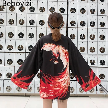 Bebovizi Japonų Stiliaus Degančių Phenix Spausdinti Megztinis Kimono Harajuku Moterys Vyrai Seksualus Yukata Moterų Streetwear Tradicinių Haori