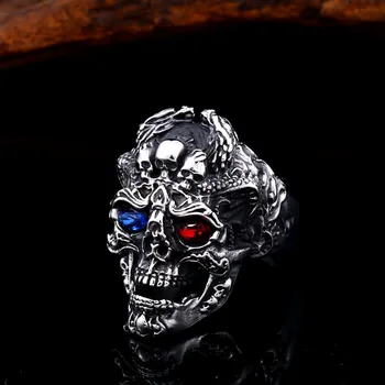 BEIER punk kietas tris kaukolė Su Mėlyna/raudona akių Žiedas, Nerūdijančio Plieno, Punk mados vyrams papuošalai Helovinas šalis BR8-647