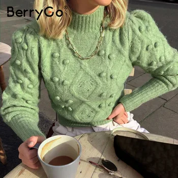 BerryGo Atsitiktinis golfo pūkų kamuoliuką moterų megztinis Rudenį, žiemą žibintų rankovėmis megzti megztinis moteriška Streetwear ponios megztinis