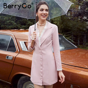 BerryGo Seksualus v-kaklo rožinės bodycon moterų švarkas ilgomis rankovėmis nėrinių mygtuką kostiumas 2020 m. Rudens, žiemos, derliaus high street moterų kostiumas