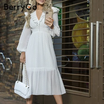 BerryGo V-kaklo, kietas streetwear šifono suknelė Sujungimas nėrinių balta midi suknelė Vintage ilgomis rankovėmis tiesiai moteriška suknelė 2020 m.