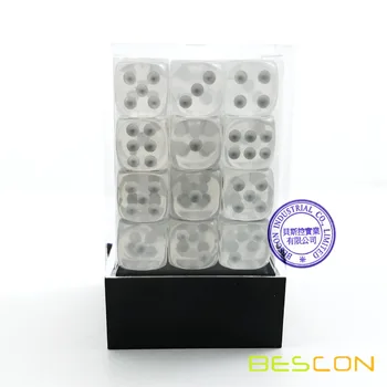Bescon 12mm 6 Sided Dice 36 Brick Box, 12mm Šešių Pusių Mirti (36) Blokas Kauliukai, Permatomas Baltas su Sėklomis