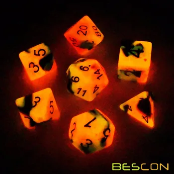Bescon Dviejų atspalvių Glow-in-the-Dark Polyhedral Kauliukai Nustatyti, KARŠTŲ AKMENŲ, Šviesos RPG Kauliukai Nustatyti d4 d6 d8 d10 d12 d20 d% Brick Box Pakuotėje