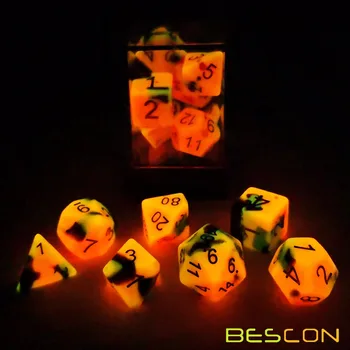 Bescon Dviejų atspalvių Glow-in-the-Dark Polyhedral Kauliukai Nustatyti, KARŠTŲ AKMENŲ, Šviesos RPG Kauliukai Nustatyti d4 d6 d8 d10 d12 d20 d% Brick Box Pakuotėje