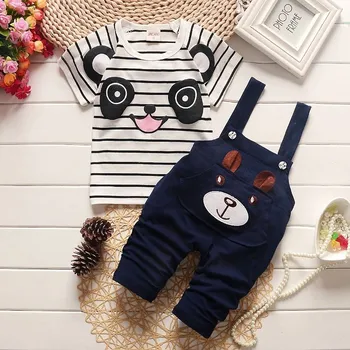 BibiCola berniukų drabužiai nustatyti kūdikio vasaros panda animacinių filmų Bamblys laisvalaikio kombinezonai su antkrūtiniais drabužių rinkinius, skirtus Kūdikių kombinezonas Dryžuotas marškinėliai petnešos kelnės
