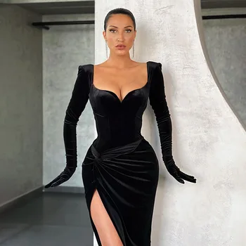 BKLD Velvet Black Bodycon Suknelė 2020 M. Rudenį Naujų Slim ilgomis Rankovėmis Suknelė Su Pirštines Mados Seksualus Šalis V-Kaklo Mazgas Padalinta Suknelė