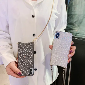 Blizgučiai pearl Crossbody Ilgos Grandinės telefono dėklas Skirtas iPhone 12 min 11pro max 7 8 6s Plus X XR XS Max Bling Diamond dangtelis su dirželiu