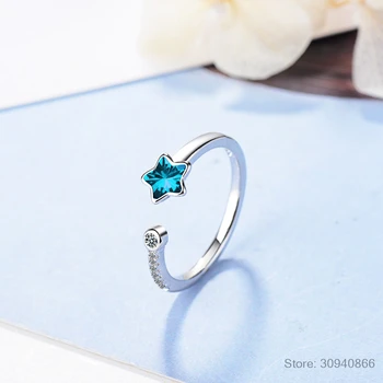 Blue Crystal Star Atidarymo Žiedas Moterims Mergina Dovana 925 Sterlingas Sidabro Mikro Zirconia Žiedas anillos anel S-R368