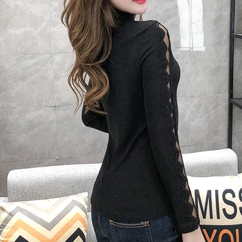Blusas mujer de moda 2019 korėjos lieknas moteris, ponios viršūnes Kietas Golfo Tuščiaviduriai Iš juodosios long sleeve top marškinėliai moterims 7849 50