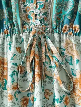 Bohemija Mygtukai V kaklo Mėtų Gėlių Spausdinti BOHO ilgomis Rankovėmis Suknelė Moteris Reguliuojamas Jungiamąją iki Juosmens Atostogų Kelio Ilgis Suknelės
