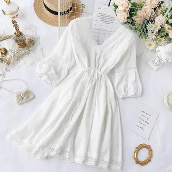 Bohemijos Balta Nėrinių Suknelė Moterims Boho Korėjos Vasaros Suknelė Giliai V Kaklo Šalis Suknelės Elegantiškas Mori Mergina 2020 Mini Drabužius Vestidos
