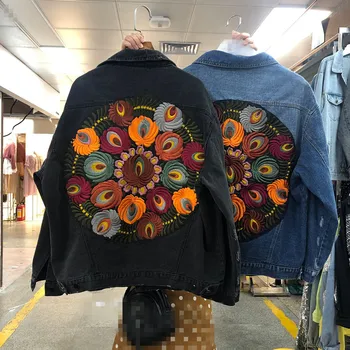 Boho Įkvėpė Negabaritinių multi gėlių Aplikacija Džinsinis Švarkas ilgomis rankovėmis atsitiktinis chic striukė paltai moterims 2019 naujas žieminis paltas