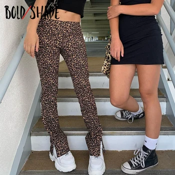 Bold Atspalvį Leopard 90-ųjų Derliaus Streetwear Liesas Kelnės Aukštu Juosmeniu Padalinta Ilgos Kelnės Rudenį 2020 M. Moteris Indie Estetinės Kelnės