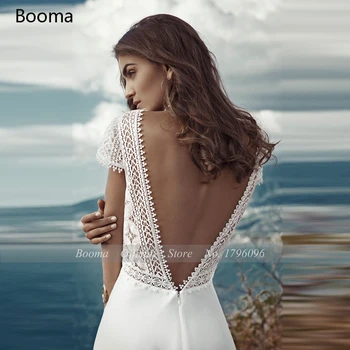 Booma Dramblio Kaulo Boho Paplūdimio Vestuvių Suknelės, V-Kaklo, Bžūp Rankovėmis Ir Nėrinių Viršų Bohemijos Nuotakos Suknelės Backless Šifono-Line Vestuvinės Suknelės
