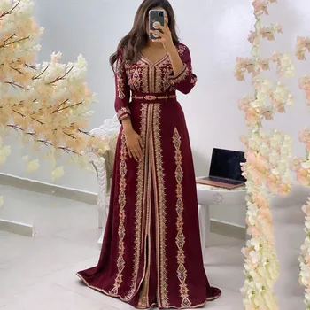 Bordo Kaftan Abaja Vakarinę Suknelę Ilgomis Rankovėmis Islamo Dubajus, Saudo Arabų Ilgas Elegantiškas Oficialų Vakare Gown